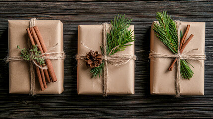 Obraz premium Eco-Friendly Gift Wrapping: Stylish and Sustainable Holiday Packages Decorated with Natural Elements Like Pine Cones, Cinnamon Sticks, and Evergreen Sprigs, Emphasizing Thoughtful, Green Living