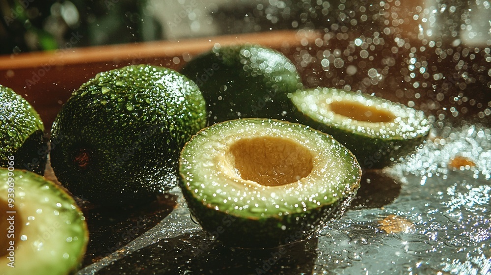 Wall mural   Avocados arranged on a metal countertop, grouped together