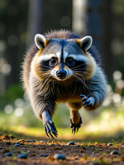 Fototapeta premium A raccoon is running across the ground in the woods