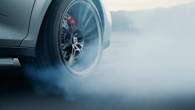 Car wheel with skid smoke showing the power and speed of the vehicle