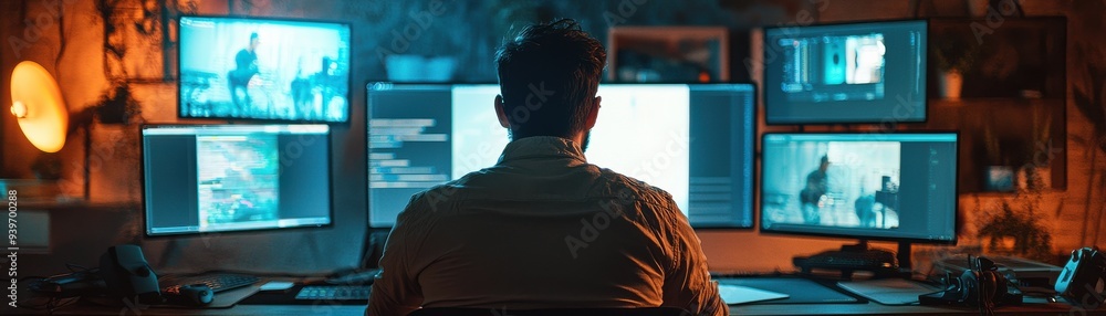 Poster a person working on multiple computer monitors in a dark room, showcasing modern technology and digi