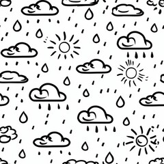 a simple line drawing of a weather themed coloring pages patern for your little one, clouds, sun, rain, sn behind clouds, white and black, wallpaper, monochrome simplicity