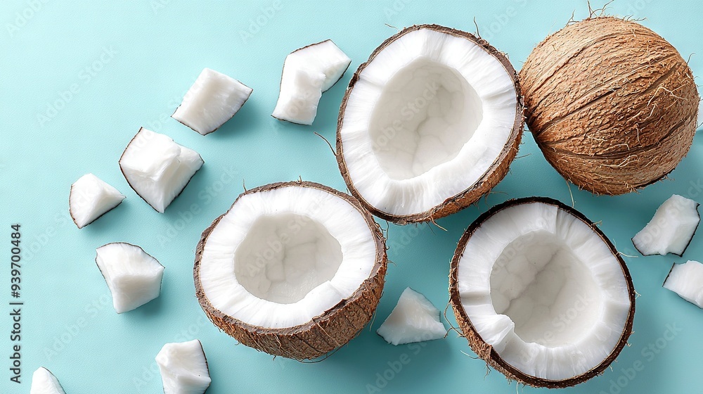 Poster a pair of coconuts rests on a table with two sliced pieces nearby