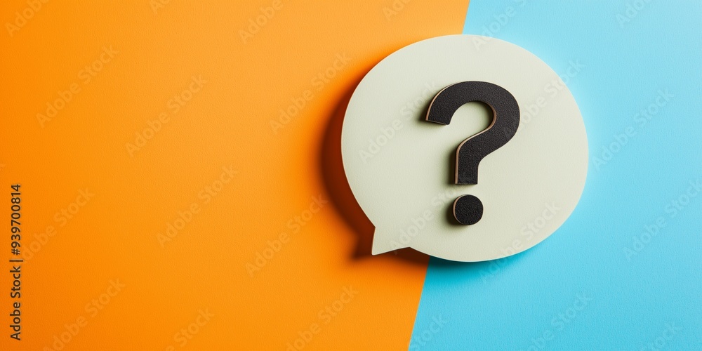 Poster a question mark is on a colorful background. the question mark is on a piece of paper that is on a b