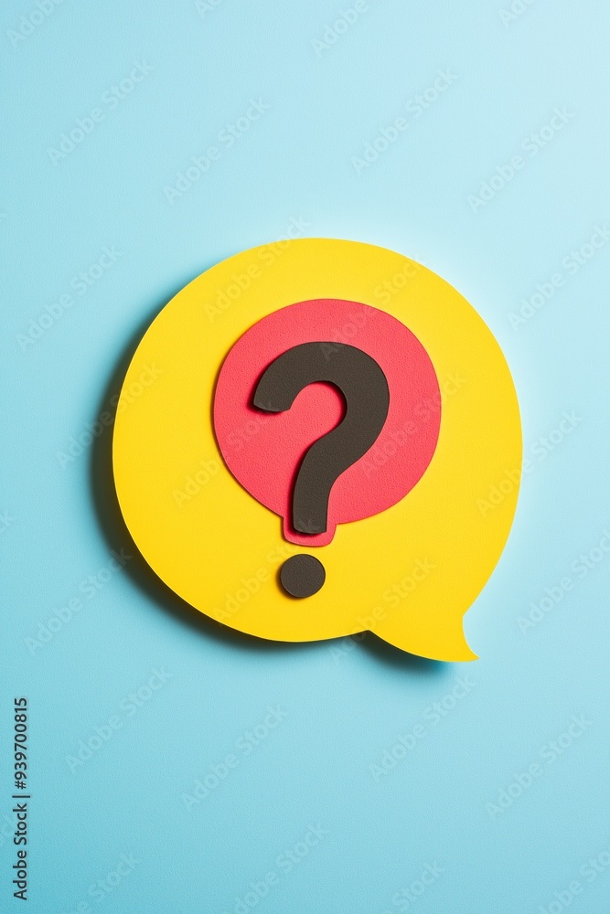 Poster a yellow and red question mark is on a blue background. the question mark is made of foam and has a 