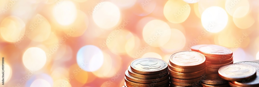 Poster a pile of coins on a table with a blurry background. the coins are of different sizes and colors, an