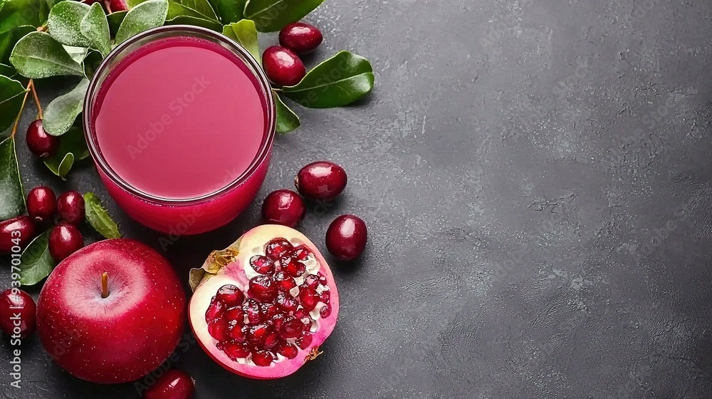 Aufkleber a glass of pomegranate sits beside an array of pomegranates on a darkened surface