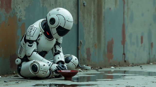 A robot sitting on the ground with a bowl of food