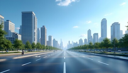 Asphalt road square and city skyline with modern buildings scenery under the blue sky