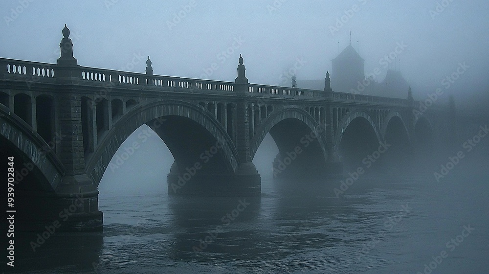 Poster a bridge spans a waterbody, surrounded by fog and a clock tower behind it in an urban setting