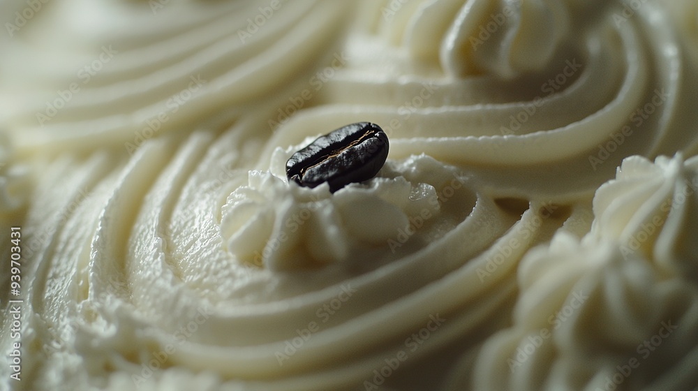 Poster a detailed shot of a cupcake with frosting and a tiny dark element on the summit