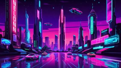 Fototapeta premium Neon desktop background glowing neon signs in various colors like pink, blue, and green digital billboards with cyberpunk vibe.