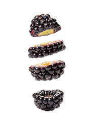 Slices of Blackberry Falling Isolated on White