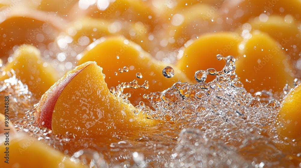 Poster a close-up of oranges with water splashing on them