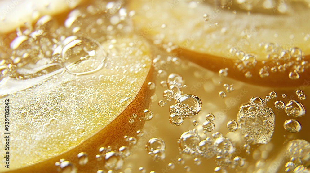 Poster close-up photo of a lemon slice with water drops on top and bottom of the slice