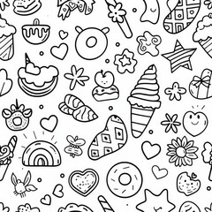 a simple line drawing of girls themed coloring pages pattern for your little girl, baby unicorn, rainbow, ice cream, hearts, donut, flower, thin lines, wallpaper, monochrome simplicity --tile