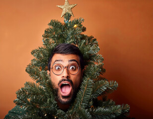 Un homme déguisé en sapin de noël fait une tête de surprise pour les fêtes, photo originale humoristique