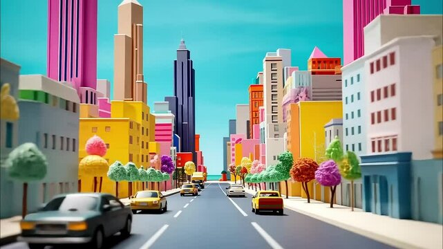 Vibrant cityscape with colorful high-rise buildings