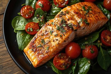 Grilled Salmon with Cherry Tomatoes and Spinach