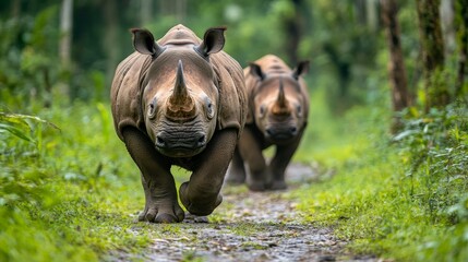 The rare sight of a pair of Javan Rhinos in their natural habitat, Indonesia's jungle trail showcases critically endangered species, Perfect for wildlife conservation campaigns