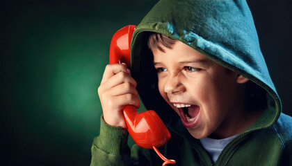 Angry young boy shouting down a red telephone