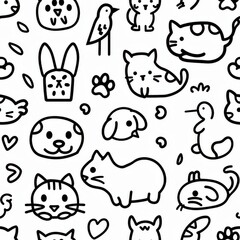 a simple line drawing of pets themed coloring pages for your little one, dogs, cats, mouse, parrot, whool, animal footprints, white and black, wallpaper, monochrome simplicity