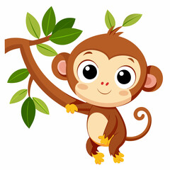 Cartoon baby monkey hanging on a tree branch, white background 