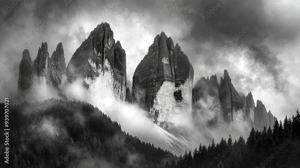 Poster black-and-white image of misty mountain range with surrounding trees