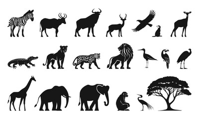 Fototapeta premium Savannah birds and animals silhouettes set. African wild life. Giraffe elephant lion, baboon and meerkat toucan zebra gazelle bull eagle jaguar. Black and white flat style isolated vector clipart