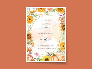 beautiful wedding invitation card with autumn leafs watercolor