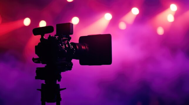 Professional video camera on tripod against vibrant stage lights background, perfect for media productions and events. Captivating visual setup.