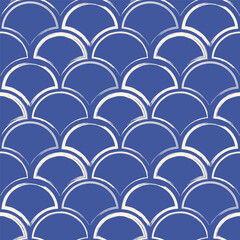 Obraz premium Blue brush lines scallop seamless pattern. Stroke arch repeat background. Painting continuous design. Vector simple illustration.