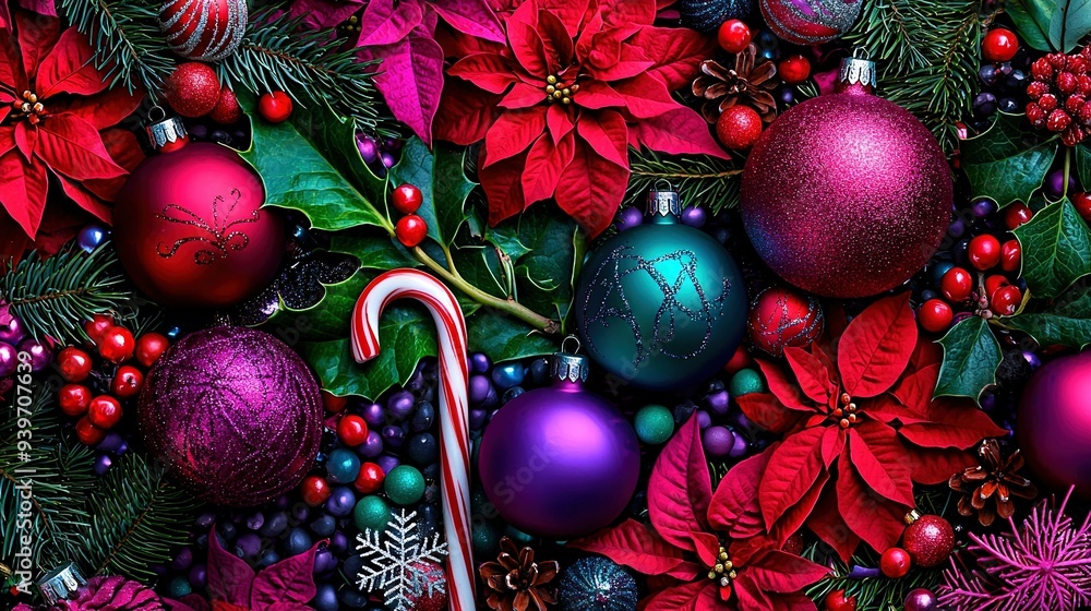 Wall mural   A close-up of a candy cane amidst Christmas decorations and poinsettias, with a candy cane prominently displayed in the foreground (37