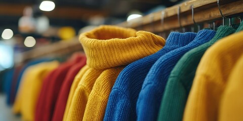 Obraz premium Colorful assortment of neatly arranged, cozy knit sweaters displayed on a rack in a modern clothing store with a warm and inviting ambiance