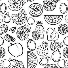 a simple line drawing of summer fruits themed coloring pages pattern for your little girl, thin lines, wallpaper, monochrome simplicity