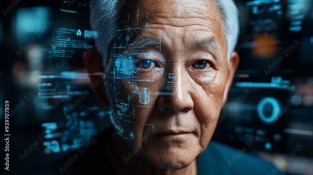 Poster a man with a face that is projected on a screen
