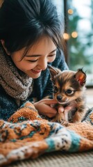 Obraz premium A family eagerly introduces their new puppy to a warm and loving home on a chilly night, filled with joy and laughter