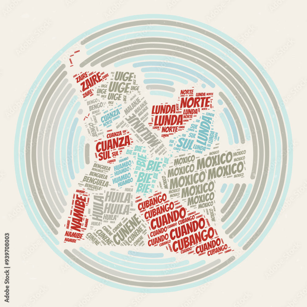 Poster angola round poster. typography style image of the country. regions word clouds of angola. vintage i