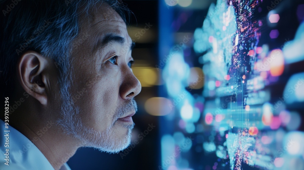 Poster a man is looking at a computer screen with a lot of colors and shapes