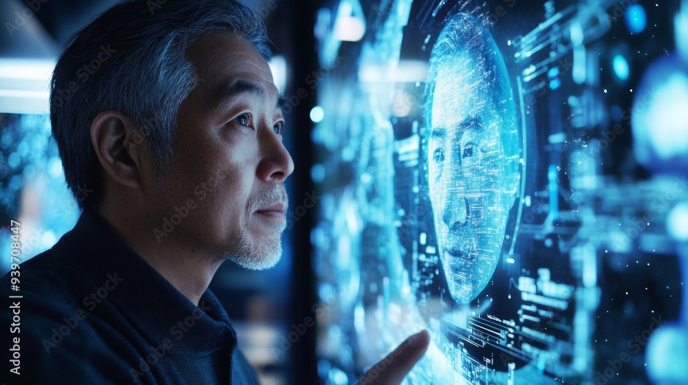 Poster a man is looking at a computer screen with a face on it