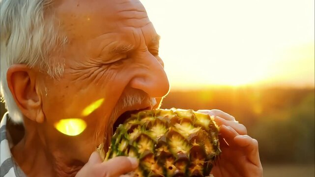 Elderly man eating a large sandwich with a big bite, looking satisfied
