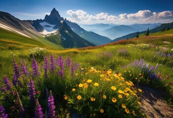 Obraz premium breathtaking mountain landscape adorned colorful wildflowers under clear blue sky, nature, vibrant, scenery, meadow, hill, peak, bloom, beauty, outdoor