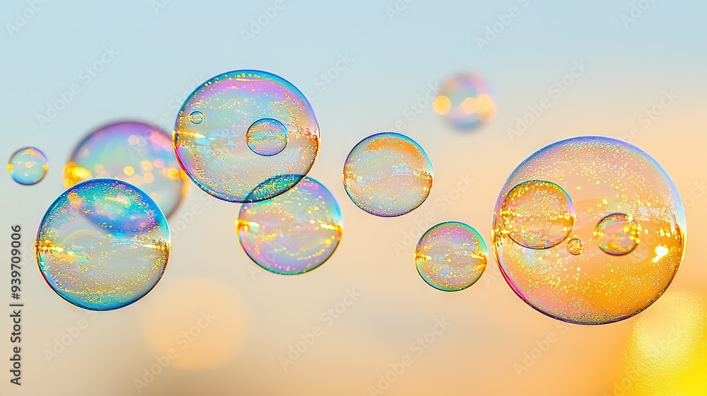 Poster blue and yellow background with soap bubbles floating