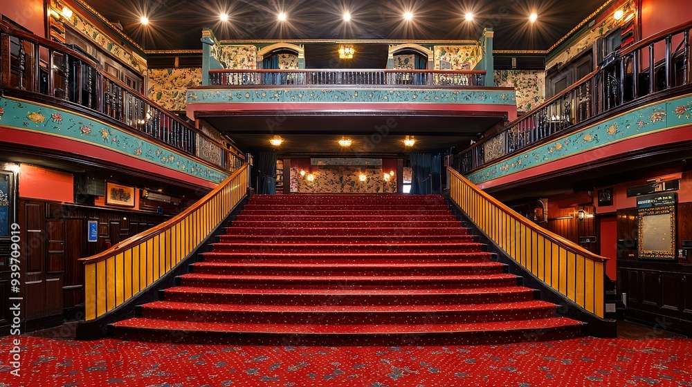 Poster set of red-carpeted stairs ascending two floors in a building