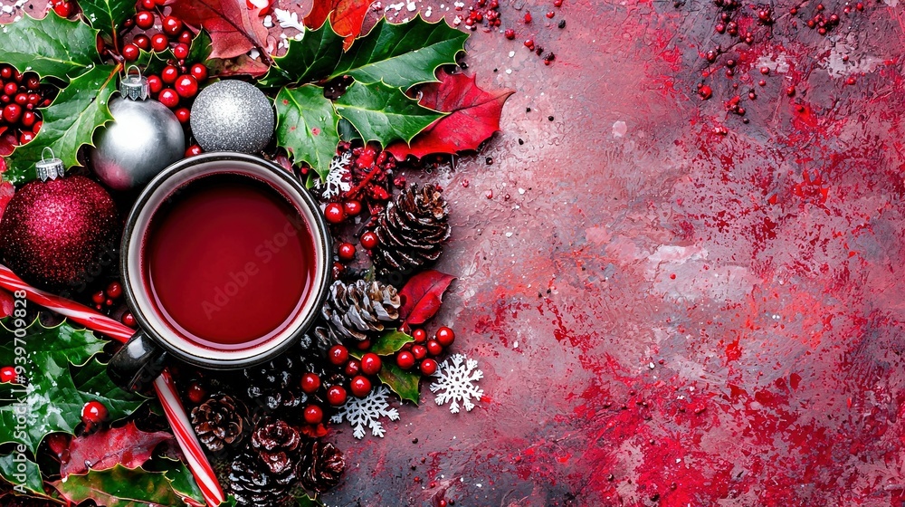 Wall mural   Red liquid in a cup surrounded by Christmas decorations, candy canes, and snowflakes on a red background