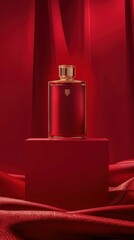 High-end red perfume bottle on a red podium, Top down view