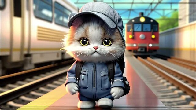 Adorable cat dressed as a traveler with a hat and backpack, waiting at a train station

