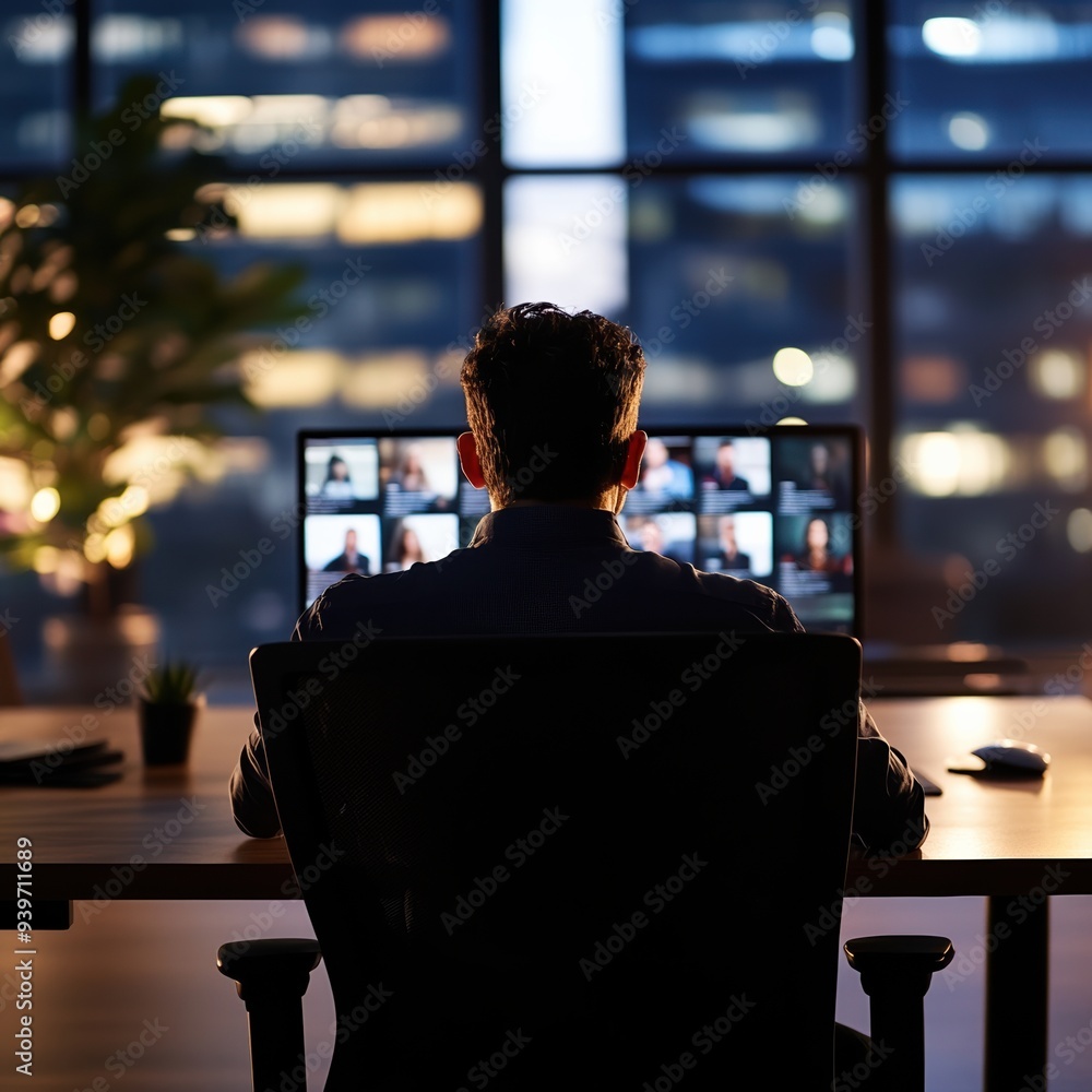 Poster silhouette of a man seated in front of a computer screen during a virtual meeting, set in a modern o