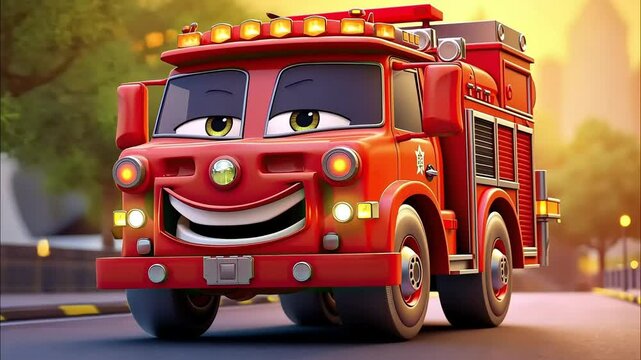 Animated fire truck with a happy expression, ready for action
