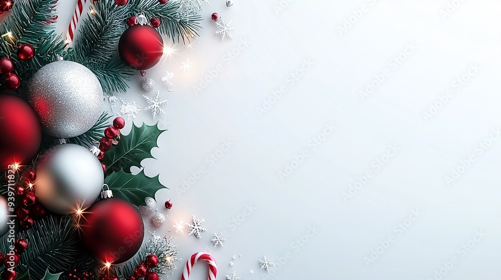 Sticker a white christmas background adorned with red and silver baubles, holly, and candy canes